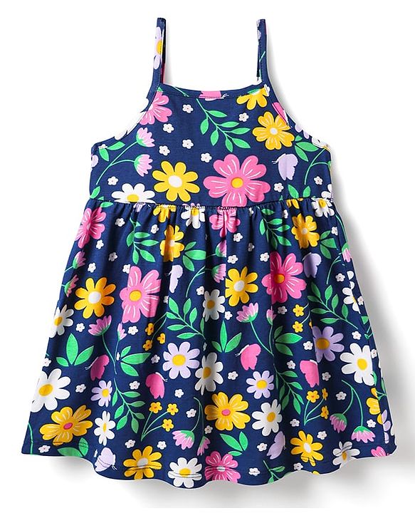 Babyhug Single Jersey Knit Half Sleeves Floral Printed Frock With Inner Tee - Navy Blue