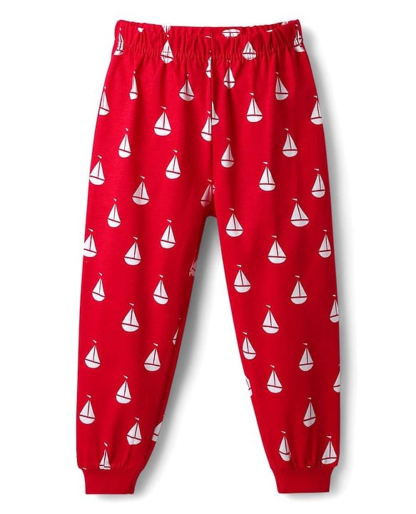 Babyhug Cotton Knit Half Sleeves Night Suit with Nautical Theme Print - Red