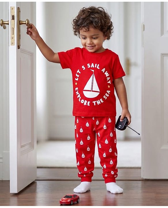 Babyhug Cotton Knit Half Sleeves Night Suit with Nautical Theme Print - Red