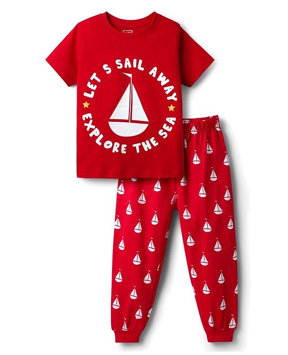 Babyhug Cotton Knit Half Sleeves Night Suit with Nautical Theme Print - Red