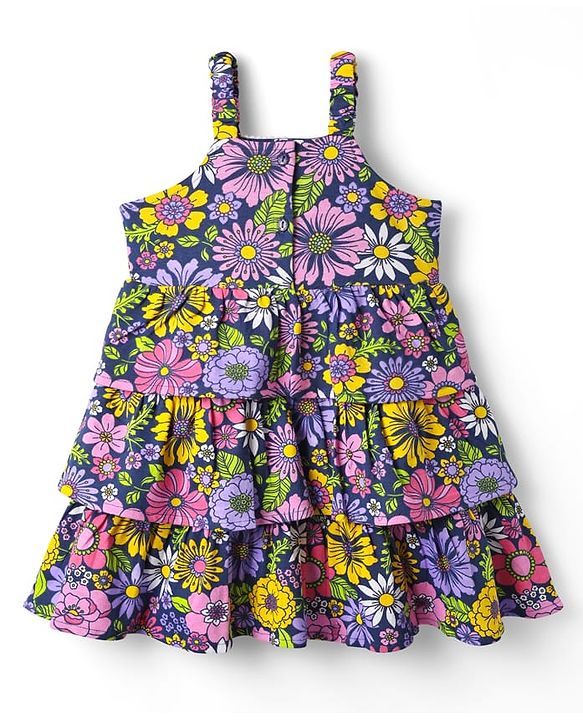 Babyhug Single Jersey Knit Sleeveless Frock With Floral Print - Navy Blue
