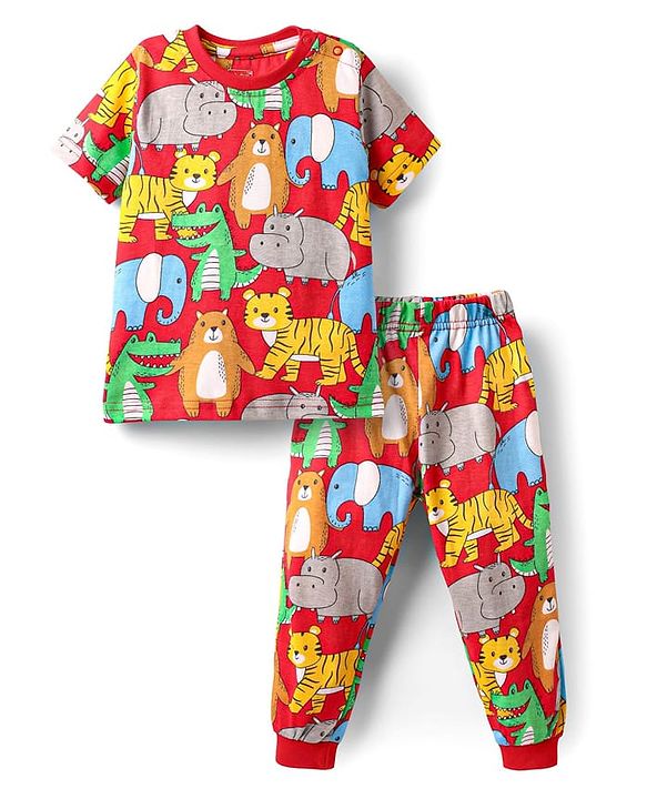 Babyhug Cotton Knit Half Sleeves Co-ords Night Suit With Animal Print - Red