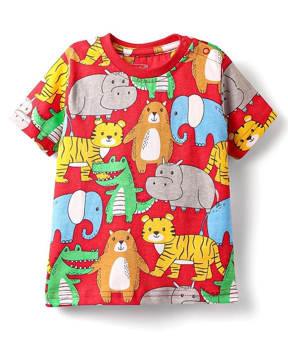 Babyhug Cotton Knit Half Sleeves Co-ords Night Suit With Animal Print - Red