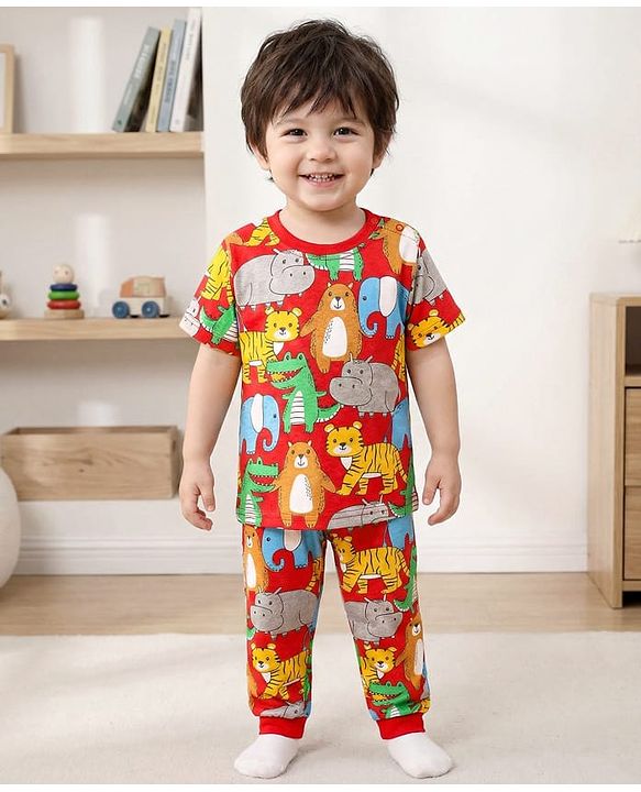 Babyhug Cotton Knit Half Sleeves Co-ords Night Suit With Animal Print - Red