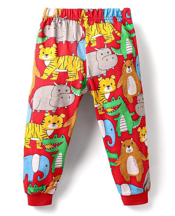 Babyhug Cotton Knit Half Sleeves Co-ords Night Suit With Animal Print - Red