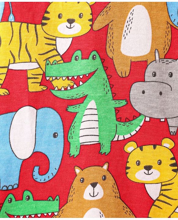 Babyhug Cotton Knit Half Sleeves Co-ords Night Suit With Animal Print - Red