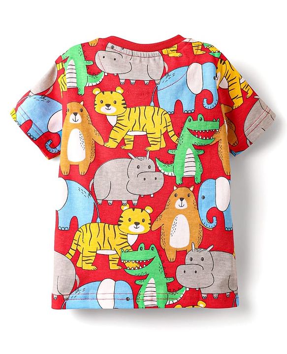 Babyhug Cotton Knit Half Sleeves Co-ords Night Suit With Animal Print - Red