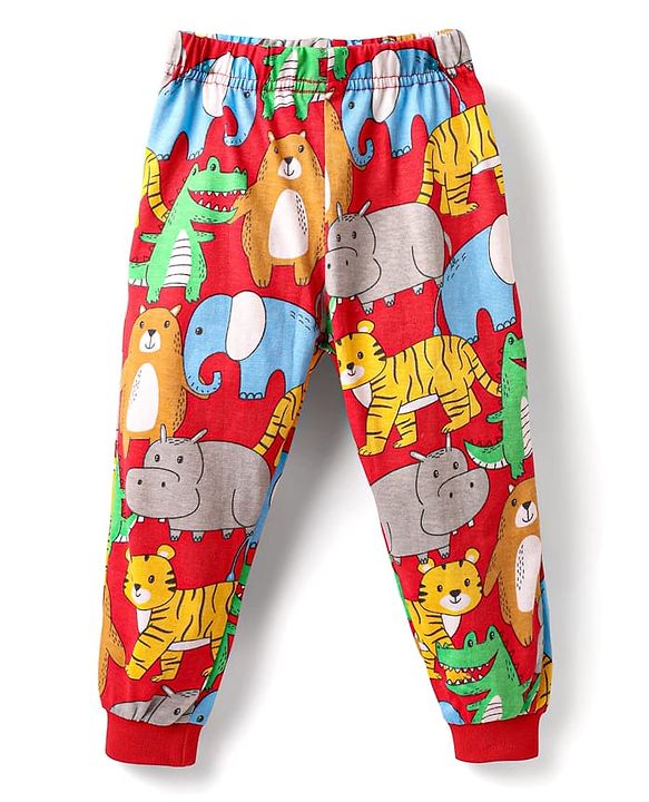 Babyhug Cotton Knit Half Sleeves Co-ords Night Suit With Animal Print - Red