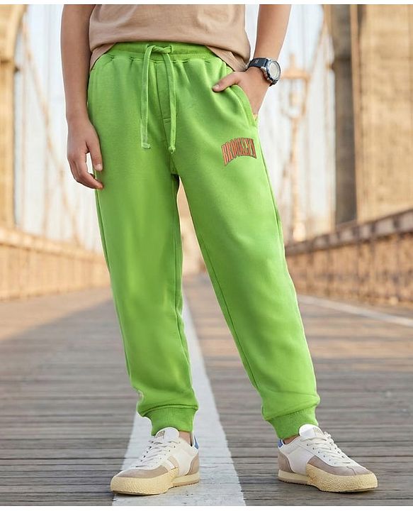 Pine Kids Cotton Knit Full Length Lounge Pants With Brooklyn Text Print - Green