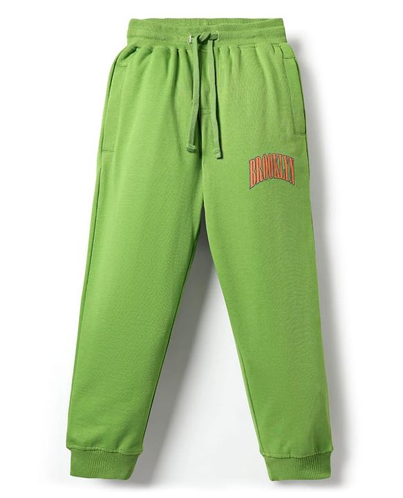 Pine Kids Cotton Knit Full Length Lounge Pants With Brooklyn Text Print - Green