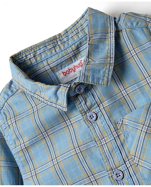 Babyhug Cotton Woven Full Sleeves Shirt & Trouser Set with Bow & Checks - Light Blue & Khaki