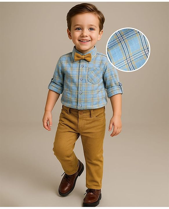 Babyhug Cotton Woven Full Sleeves Shirt & Trouser Set with Bow & Checks - Light Blue & Khaki