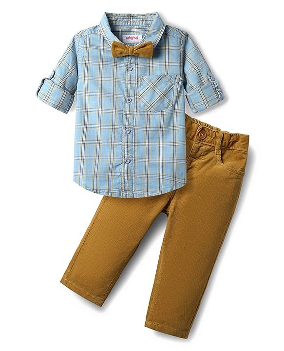 Babyhug Cotton Woven Full Sleeves Shirt & Trouser Set with Bow & Checks - Light Blue & Khaki