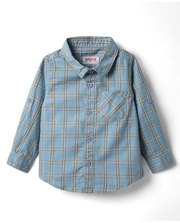 Babyhug Cotton Woven Full Sleeves Shirt & Trouser Set with Bow & Checks - Light Blue & Khaki