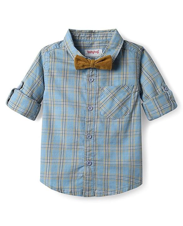 Babyhug Cotton Woven Full Sleeves Shirt & Trouser Set with Bow & Checks - Light Blue & Khaki