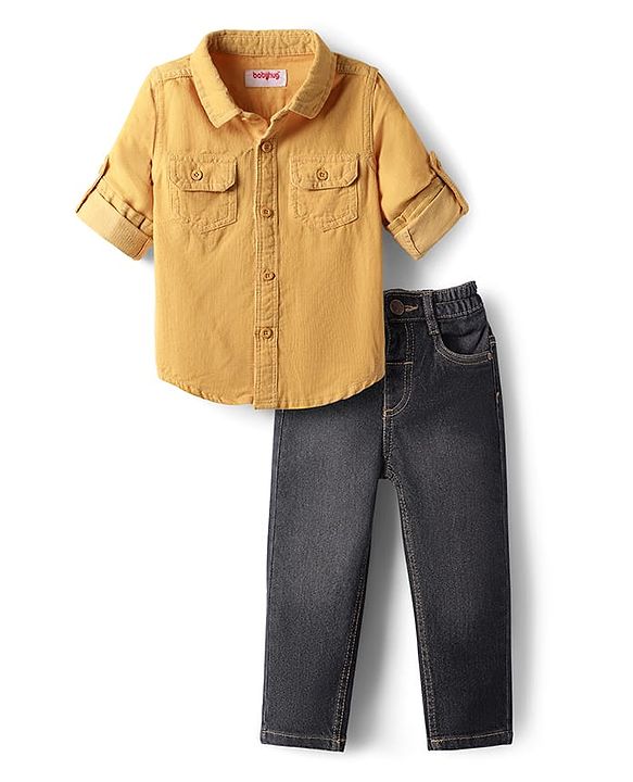 Babyhug Cotton Woven Full Sleeves Solid Shirt & Denim Jeans Set - Mustard & Blue