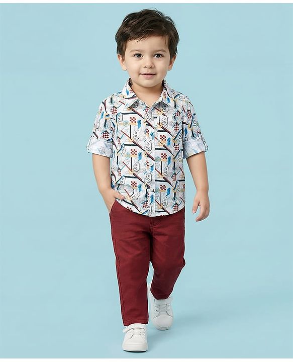 Babyhug Cotton Woven Full Sleeves Printed Shirt & Trouser Set - White & Red
