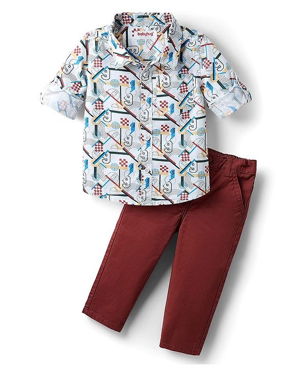 Babyhug Cotton Woven Full Sleeves Printed Shirt & Trouser Set - White & Red
