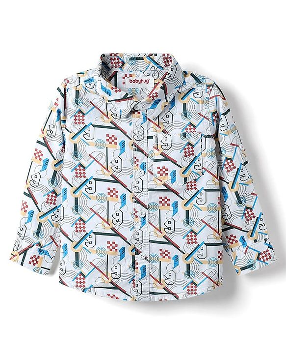 Babyhug Cotton Woven Full Sleeves Printed Shirt & Trouser Set - White & Red