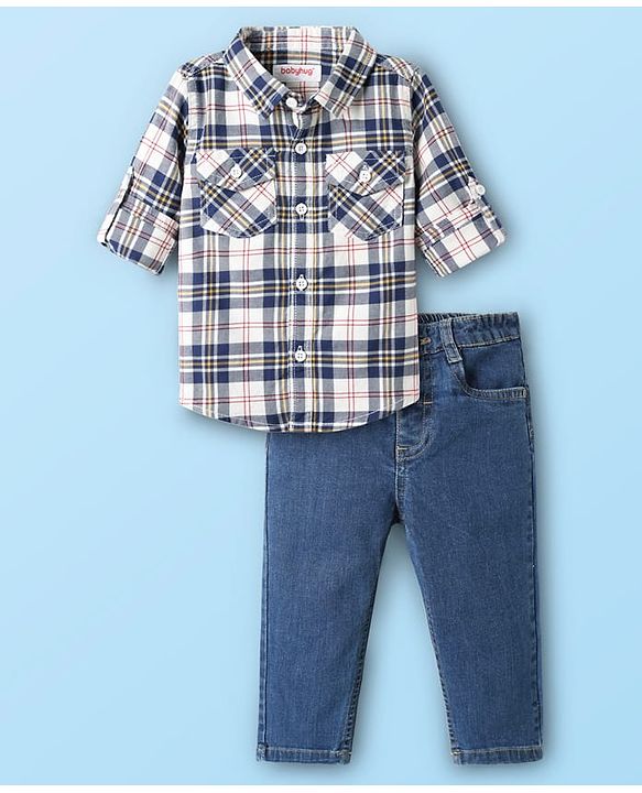 Babyhug Cotton Woven Full Sleeves Shirt & Jeans Set with Checks - Blue