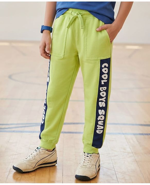 Pine Kids Cotton Knit Full Length Lounge Pant With Text Print - Lime Green