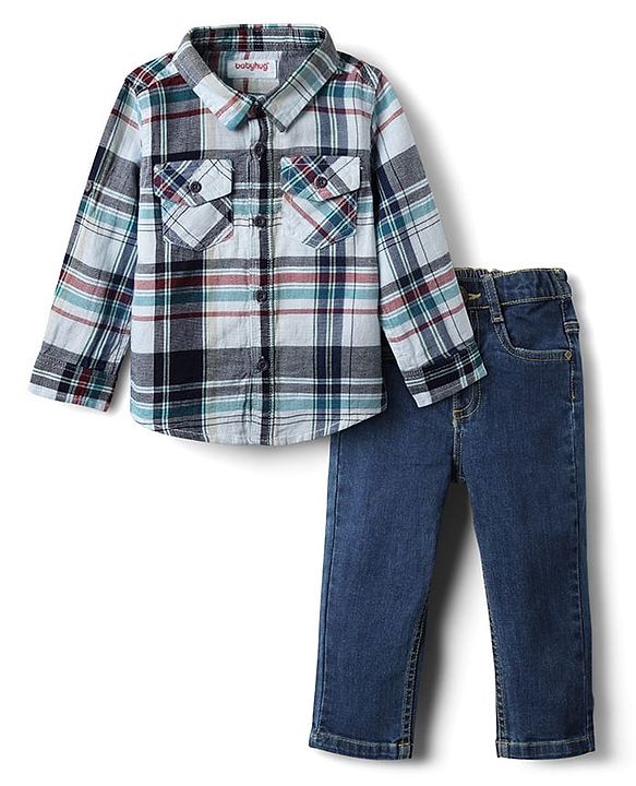 Babyhug Cotton Woven Full Sleeves Checkered Shirt & Denim Jeans Set - Navy Blue