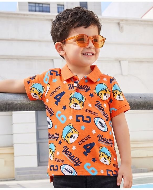 Babyhug 100% Cotton Knit Half Sleeves Polo T-Shirt with Animal Print - Orange
