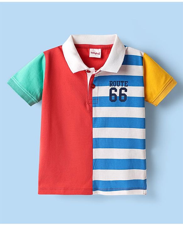 Babyhug Cotton Knit Half Sleeves Color Block Polo T-Shirt With Stripes  - White & Red