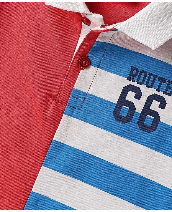Babyhug Cotton Knit Half Sleeves Color Block Polo T-Shirt With Stripes  - White & Red