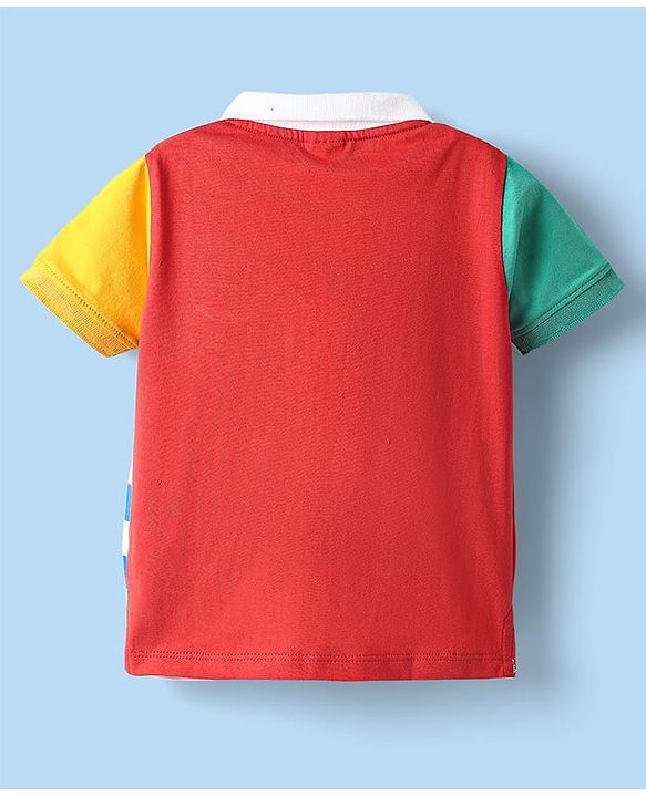 Babyhug Cotton Knit Half Sleeves Color Block Polo T-Shirt With Stripes  - White & Red