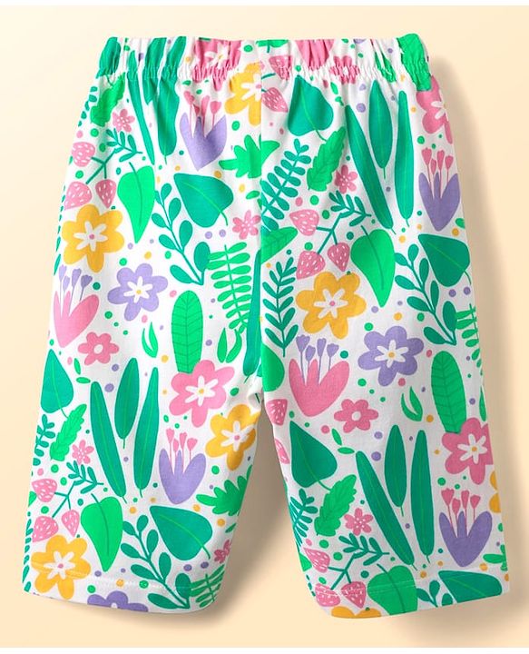 Babyhug Cotton Knit Half Sleeves Capri Co-ord Night Suit With Floral Print - White & Light Green