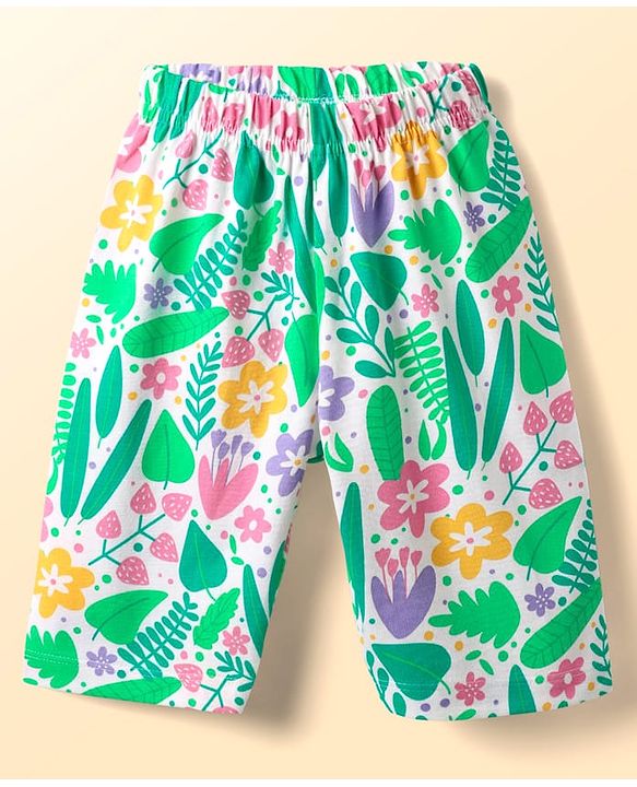Babyhug Cotton Knit Half Sleeves Capri Co-ord Night Suit With Floral Print - White & Light Green