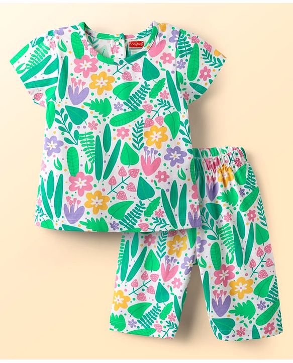 Babyhug Cotton Knit Half Sleeves Capri Co-ord Night Suit With Floral Print - White & Light Green