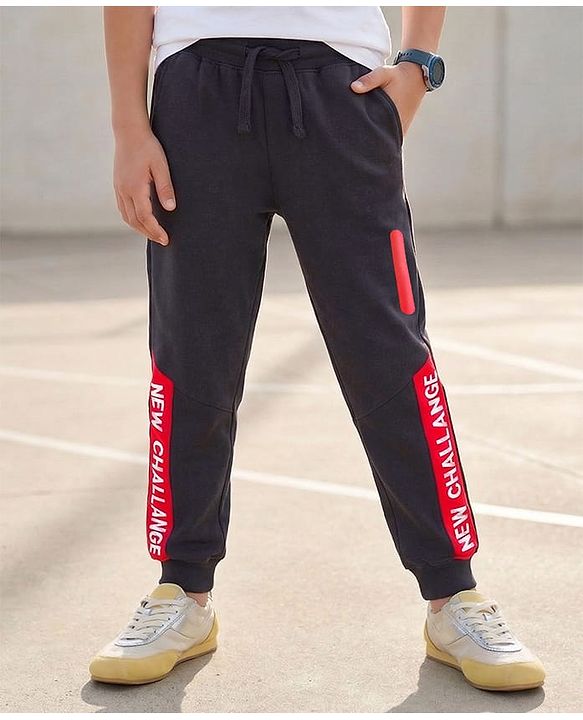 Pine Kids Cotton Knit Full Length Lounge Pant with Text Print - Navy Blue