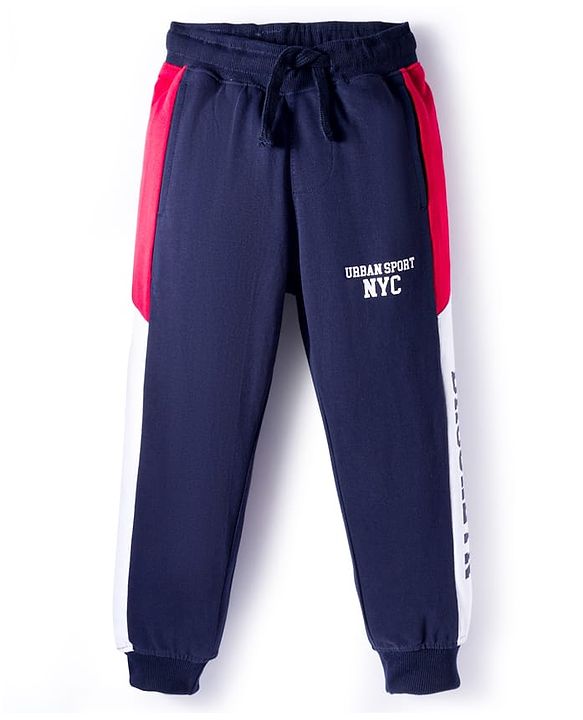 Pine Kids Cotton Knit Full Length Lounge Pant with Text Print - Navy Blue