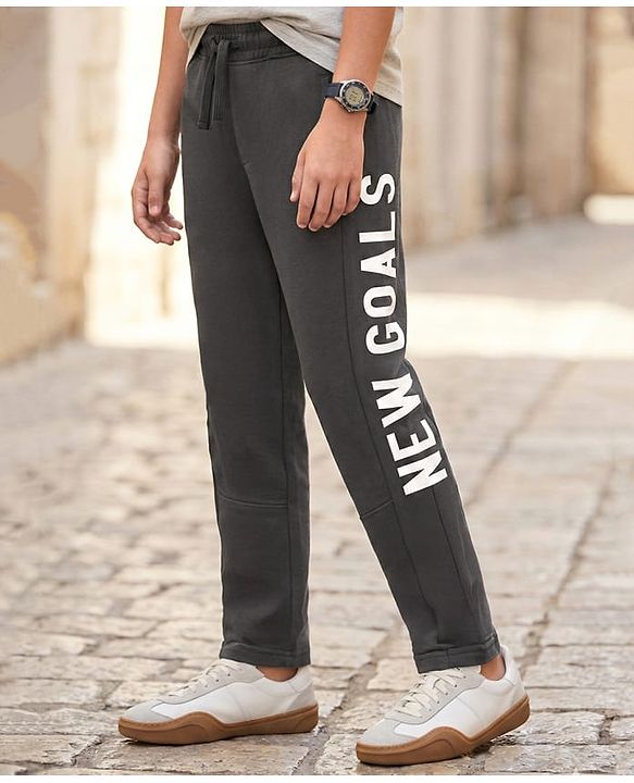 Pine Kids Cotton Knit Full Length Track Pant With New Goals Text Print - Black
