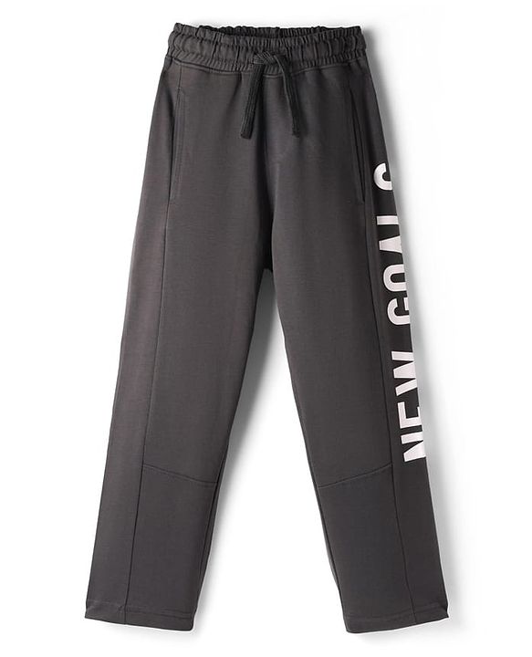 Pine Kids Cotton Knit Full Length Track Pant With New Goals Text Print - Black