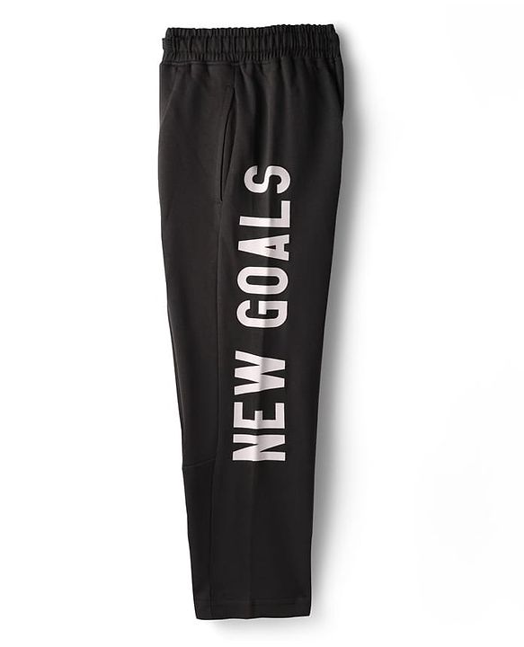 Pine Kids Cotton Knit Full Length Track Pant With New Goals Text Print - Black