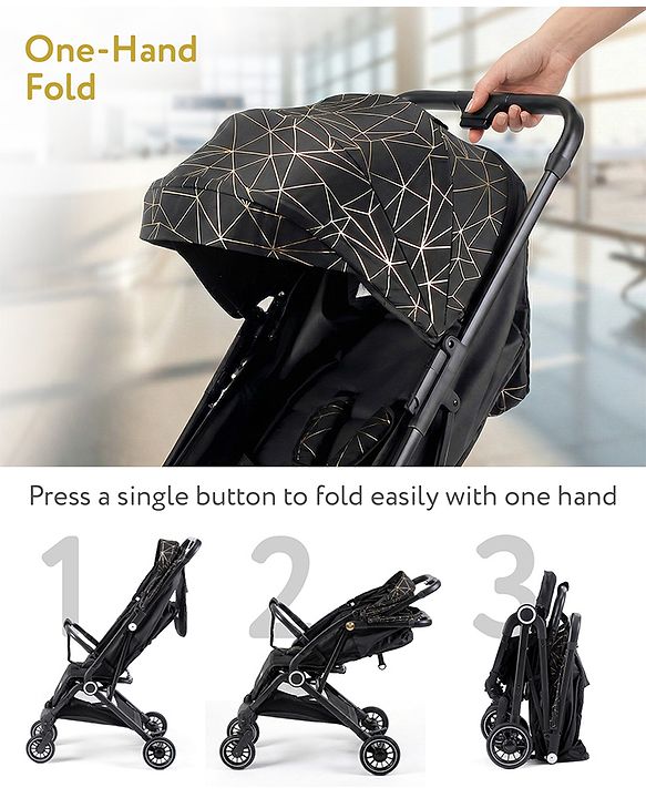 Babyhug Portable Baby Stroller with One-hand Z Compact Fold - Black| Pram for Newborn| Concealed Linked Brake| Swivel Wheels| 5 point Safety Harness| Air Cabin Friendly|