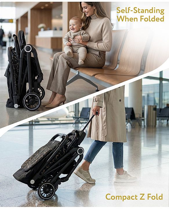 Babyhug Portable Baby Stroller with One-hand Z Compact Fold - Black| Pram for Newborn| Concealed Linked Brake| Swivel Wheels| 5 point Safety Harness| Air Cabin Friendly|