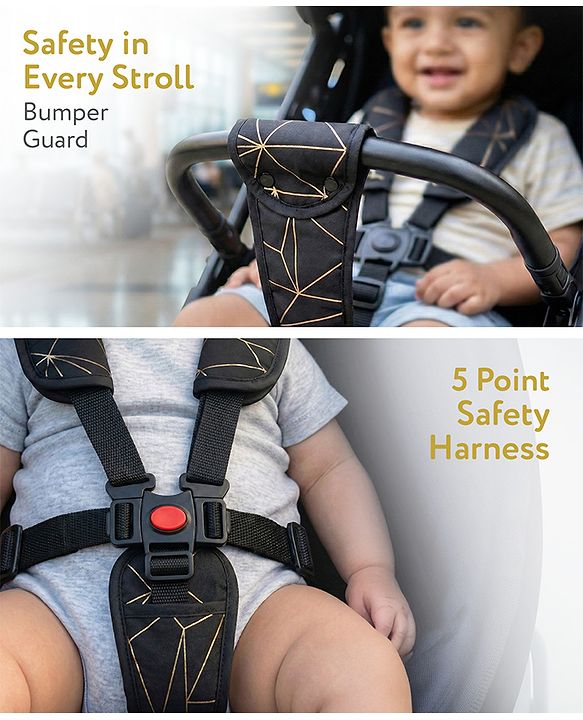 Babyhug Portable Baby Stroller with One-hand Z Compact Fold - Black| Pram for Newborn| Concealed Linked Brake| Swivel Wheels| 5 point Safety Harness| Air Cabin Friendly|