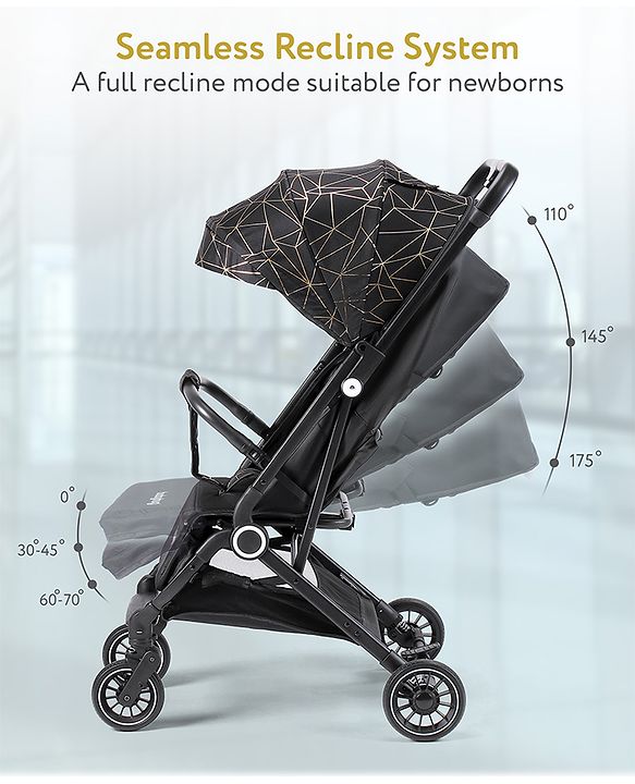 Babyhug Portable Baby Stroller with One-hand Z Compact Fold - Black| Pram for Newborn| Concealed Linked Brake| Swivel Wheels| 5 point Safety Harness| Air Cabin Friendly|