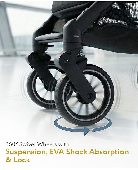 Babyhug Portable Baby Stroller with One-hand Z Compact Fold - Black| Pram for Newborn| Concealed Linked Brake| Swivel Wheels| 5 point Safety Harness| Air Cabin Friendly|