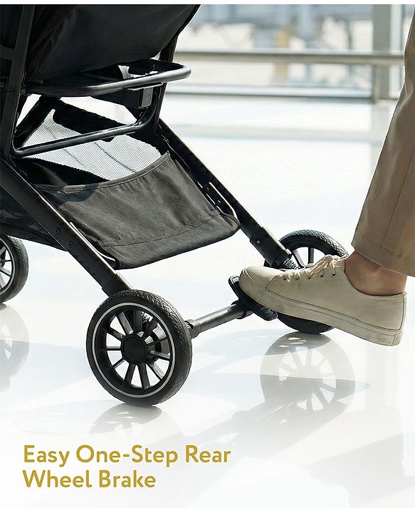 Babyhug Portable Baby Stroller with One-hand Z Compact Fold - Black| Pram for Newborn| Concealed Linked Brake| Swivel Wheels| 5 point Safety Harness| Air Cabin Friendly|