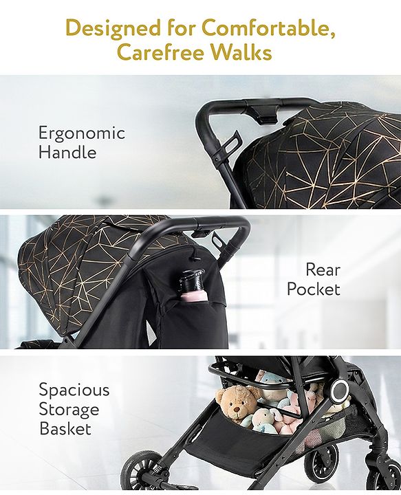 Babyhug Portable Baby Stroller with One-hand Z Compact Fold - Black| Pram for Newborn| Concealed Linked Brake| Swivel Wheels| 5 point Safety Harness| Air Cabin Friendly|