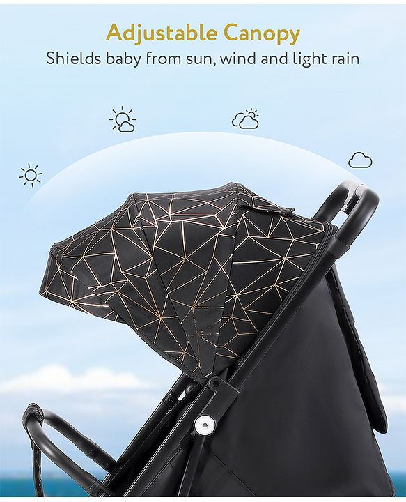 Babyhug Portable Baby Stroller with One-hand Z Compact Fold - Black| Pram for Newborn| Concealed Linked Brake| Swivel Wheels| 5 point Safety Harness| Air Cabin Friendly|