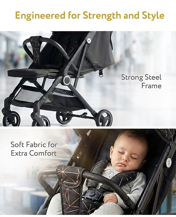 Babyhug Portable Baby Stroller with One-hand Z Compact Fold - Black| Pram for Newborn| Concealed Linked Brake| Swivel Wheels| 5 point Safety Harness| Air Cabin Friendly|