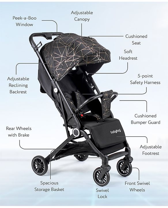 Babyhug Portable Baby Stroller with One-hand Z Compact Fold - Black| Pram for Newborn| Concealed Linked Brake| Swivel Wheels| 5 point Safety Harness| Air Cabin Friendly|