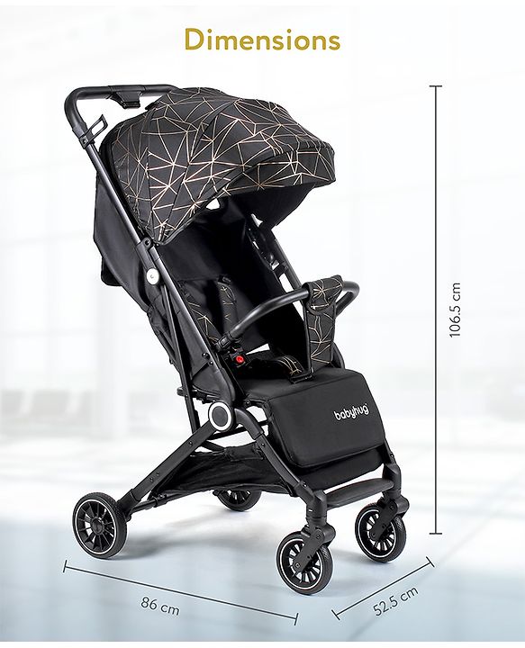 Babyhug Portable Baby Stroller with One-hand Z Compact Fold - Black| Pram for Newborn| Concealed Linked Brake| Swivel Wheels| 5 point Safety Harness| Air Cabin Friendly|