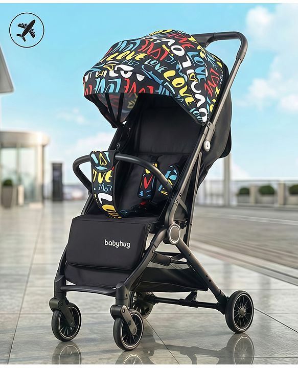 Babyhug Portable Baby Stroller with One-hand Z Compact Fold - Black| Pram for Newborn| Concealed Linked Brake| Swivel Wheels| 5 point Safety Harness| Air Cabin Friendly|